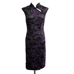 Morbid Threads Black Purple Damask Cheongsam Sheath Dress 90s 1990 Y2K SZ M